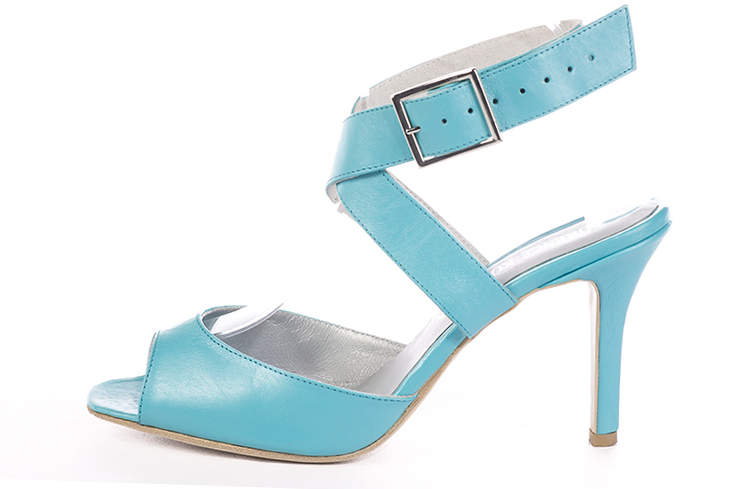 Turquoise blue women's open back sandals, with crossed straps. Round toe. High slim heel. Profile view - Florence KOOIJMAN